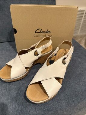 Clarks Cream Leather Cross-Strap Slingback Wedge Sandals